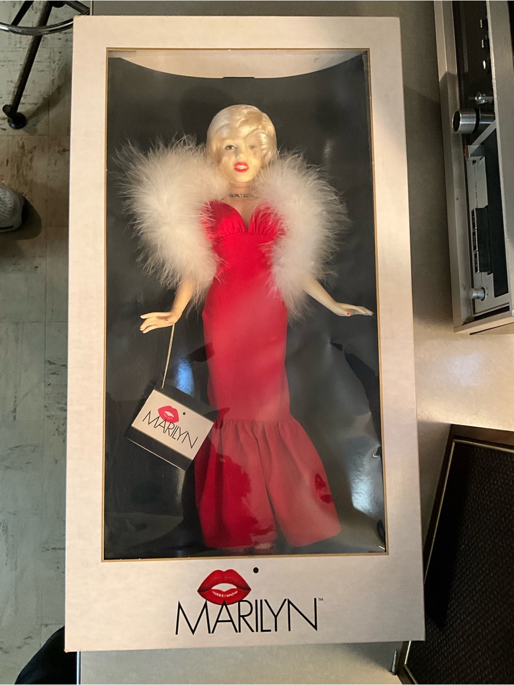 Marilyn Collector Doll in Red Gown with White Feather Boa